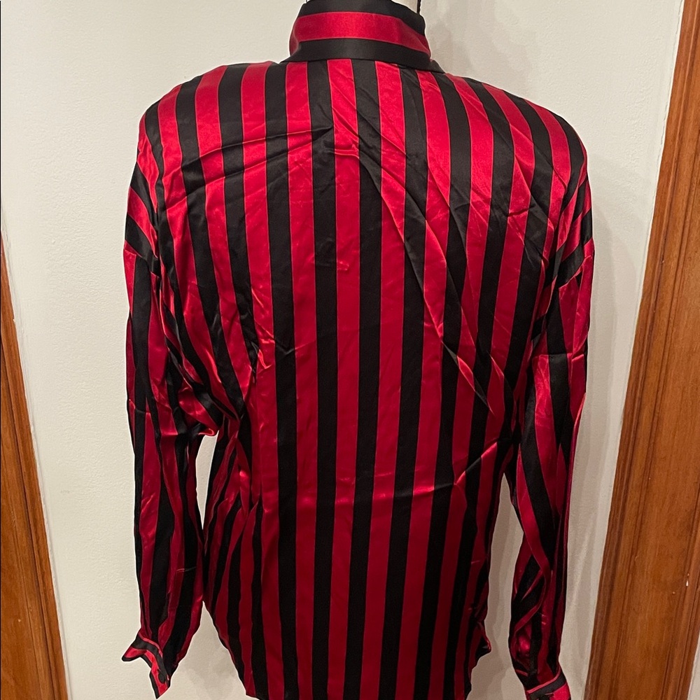 Vintage 100% Silk Red and Black Striped Button Down Shirt - Picture 7 of 11